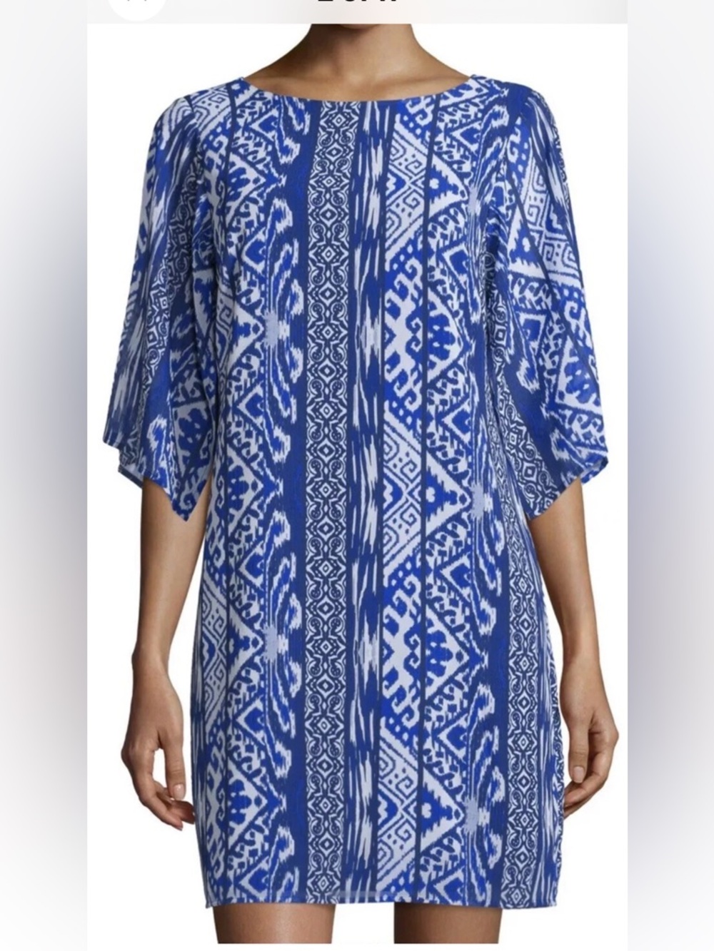 Neiman Marcus  Ikat Print Chiffon Mini Shift Dress. Flutter Sleeves, Size 10